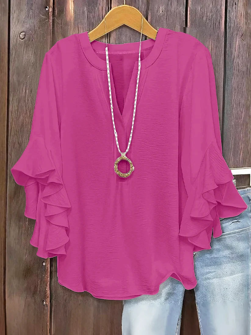 🔥V-Neck Plus-Size Women's Loose-Fit Casual Ruffled Three-Quarter-Sleeve Shirt