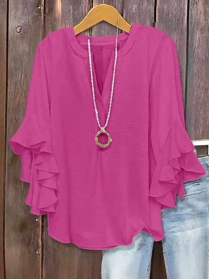 🔥V-Neck Plus-Size Women's Loose-Fit Casual Ruffled Three-Quarter-Sleeve Shirt